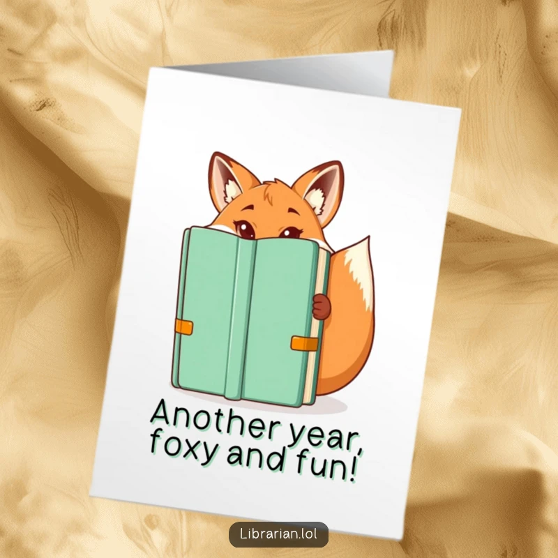 Free Printable Fox Librarian Birthday Card: A playful fox librarian peeks from behind a book with mischievous eyes, ready for fun.