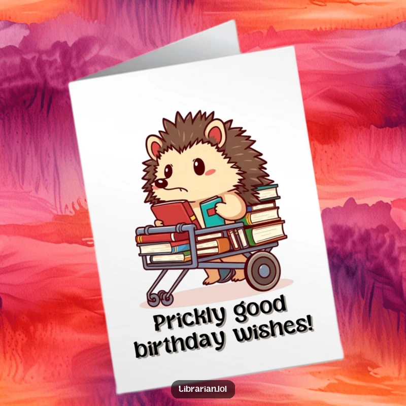 Funny free printable birthday card of a determined hedgehog librarian pushing a cart overflowing with books, looking focused.