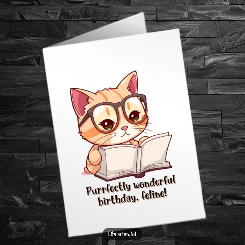 Funny Free Printable Birthday Card: A cute cat wearing tiny reading glasses gazes intently at a large open book.