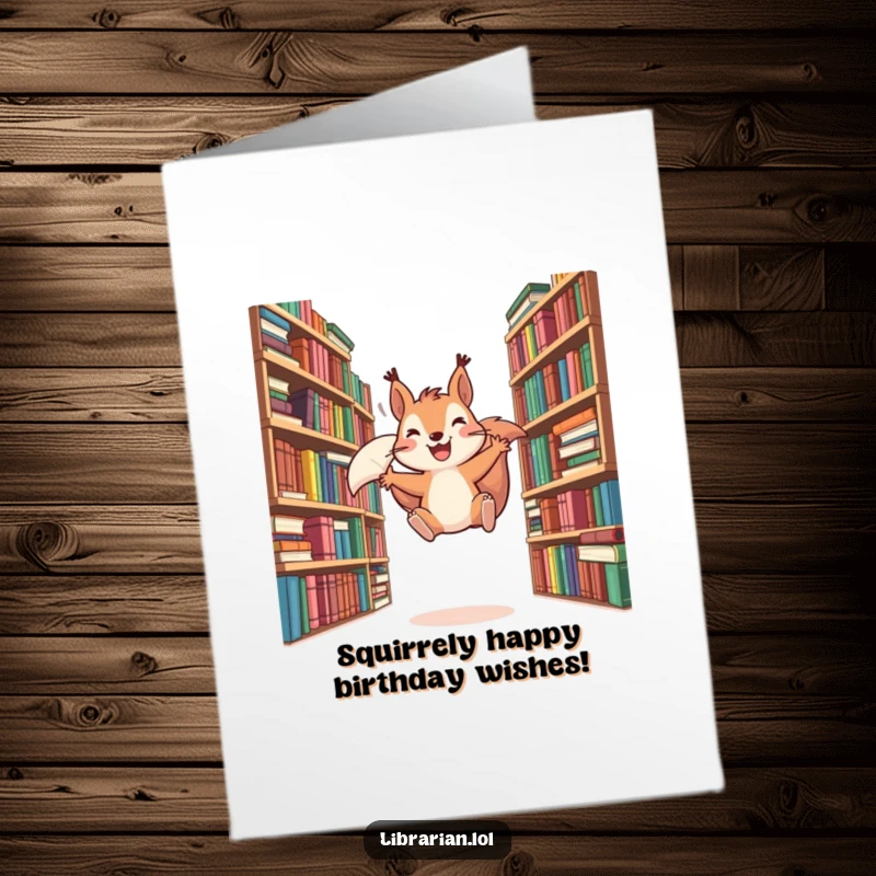 Funny Free Printable Birthday Card: A grinning squirrel joyfully leaps between stacks of books, perfect for a bookworm.