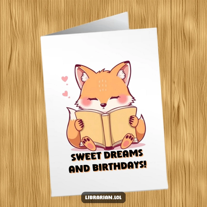 Funny Free Printable Birthday Card: A tired fox slumbers peacefully, book open on its lap, mid-read.