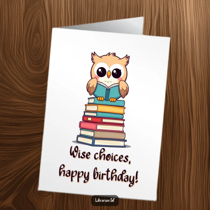 Free Printable Owl Librarian Birthday Card: A cheerful owl librarian perched high on books, wishing happy birthday with a knowing smile.