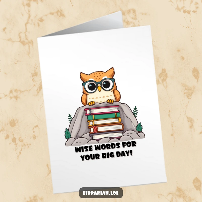 Funny Free Printable Birthday Card featuring a wise owl in spectacles peeking over a huge book pile.