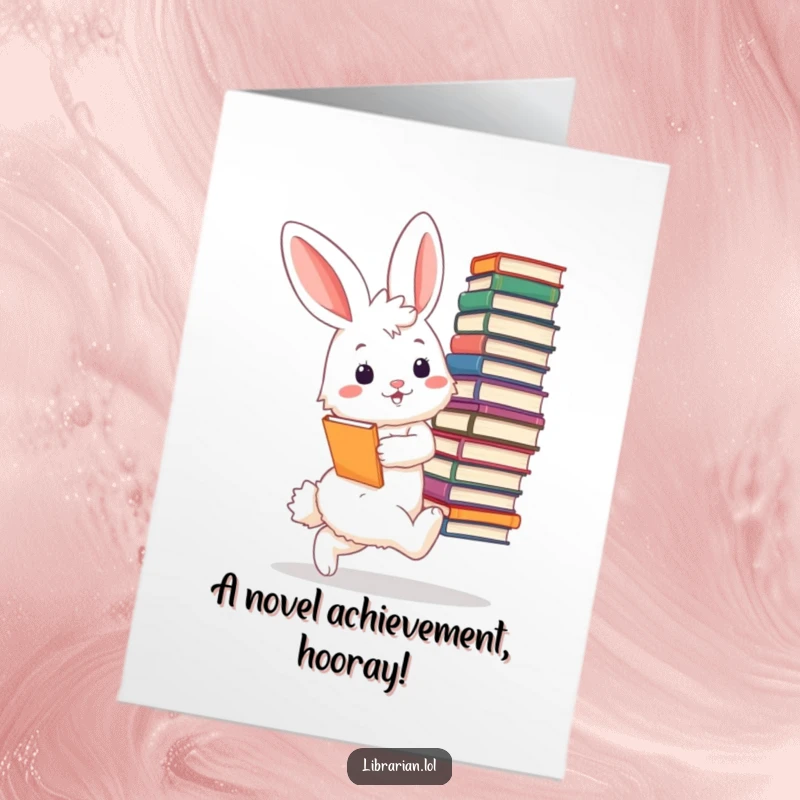 Funny Free Printable Bunny Librarian Card: A pleased bunny librarian tiptoes with enormous books, celebrating a big win.