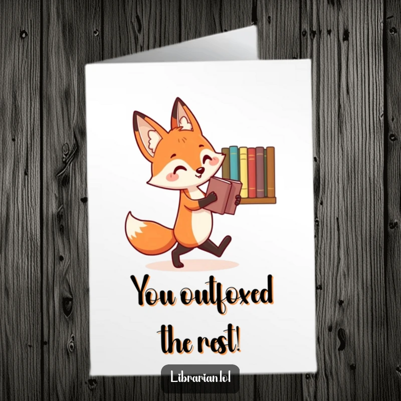 Funny Free Printable Congrats Card: Cheerful fox gracefully reshelving book, celebrating success, downloadable.