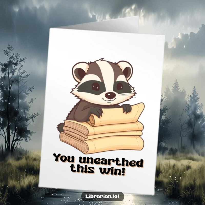Funny Free Printable Congratulations Card: A wise badger whispering classified information into old scrolls, celebrating a momentous occasion.
