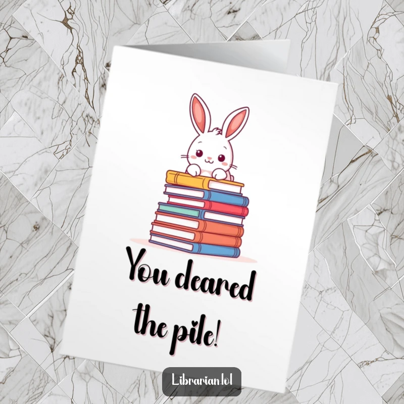 Funny Free Printable Congratulations Card: A playful rabbit peers over a huge stack of books, signifying a great accomplishment.