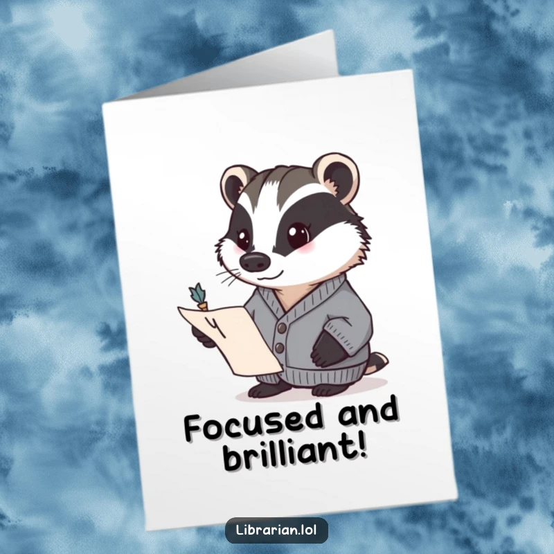 Funny Free Printable Congratulations Card with a determined badger in a cardigan pointing to a page with a quill, ideal for congrats.