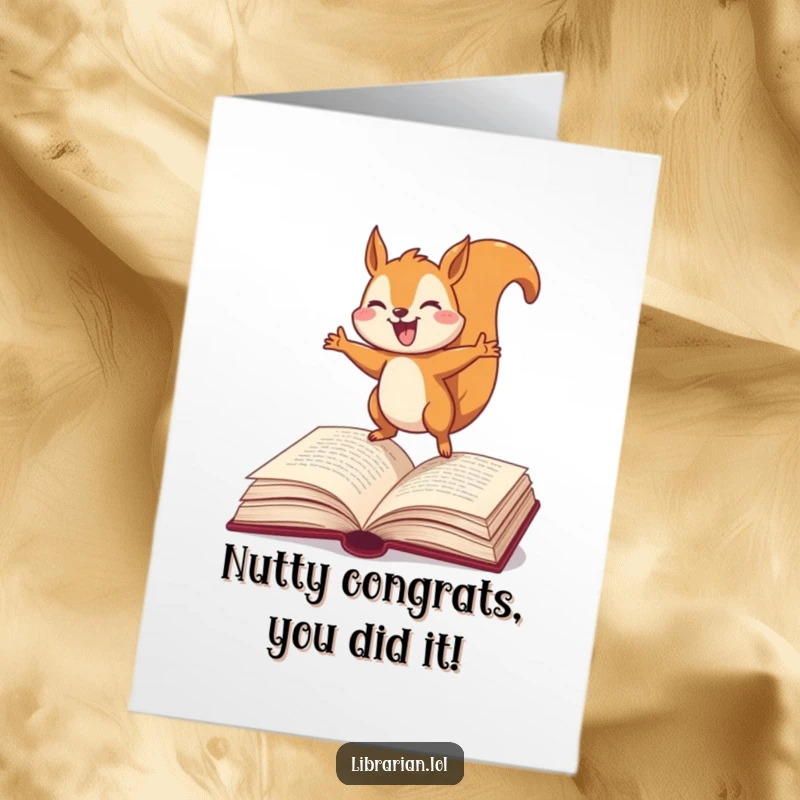 Free Printable Congratulations Card: Energetic squirrel celebrating atop an open dictionary, beaming with pride.