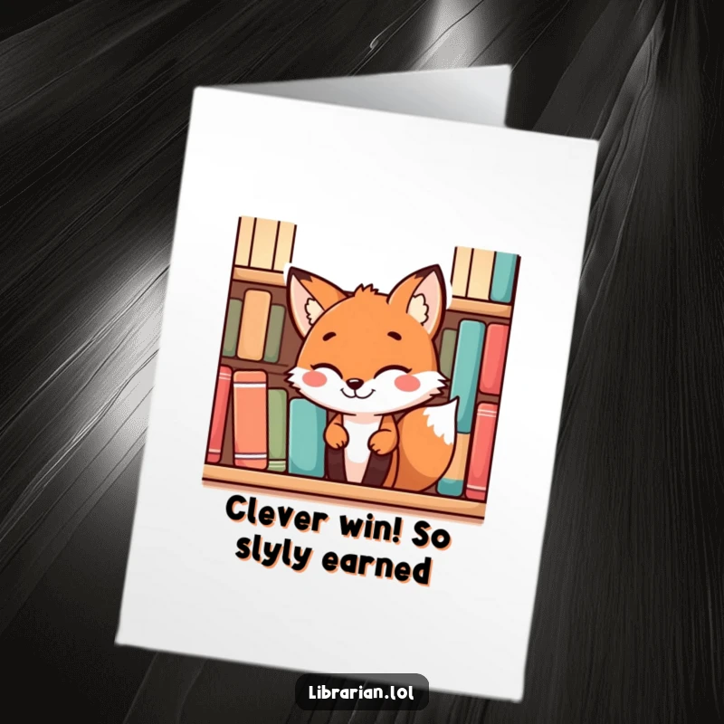 Funny Free Printable congratulations card with a playful fox peeking from behind a bookshelf with a mischievous grin, celebrating achievement.