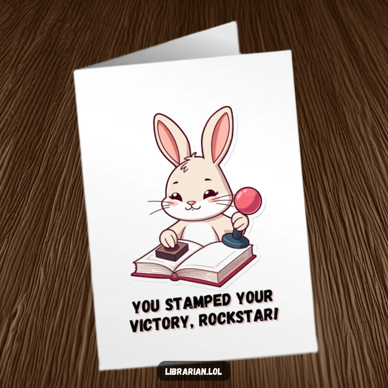 Funny Free Printable congratulations card with a bunny stamping a book with a stamp pad, showing satisfied approval.
