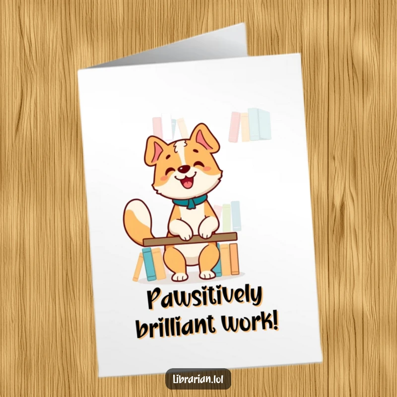 Funny free printable congratulations card featuring a happy dog librarian wagging its tail, organizing books.