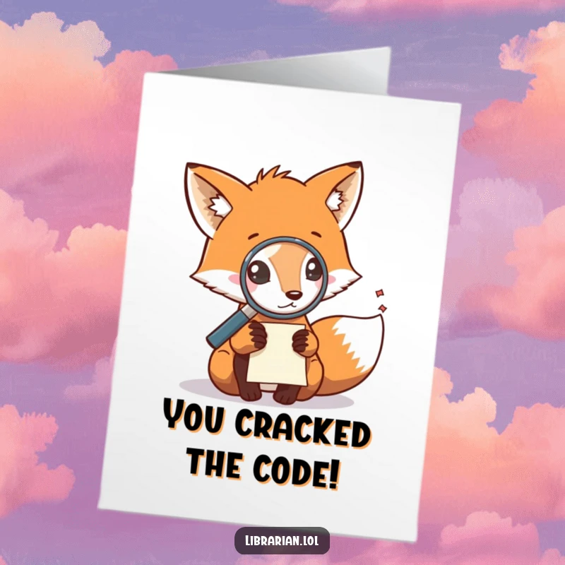 Funny Free Printable Fox Congratulations Card, fox investigating scattered note with magnifying glass, celebrating achievement humorously.
