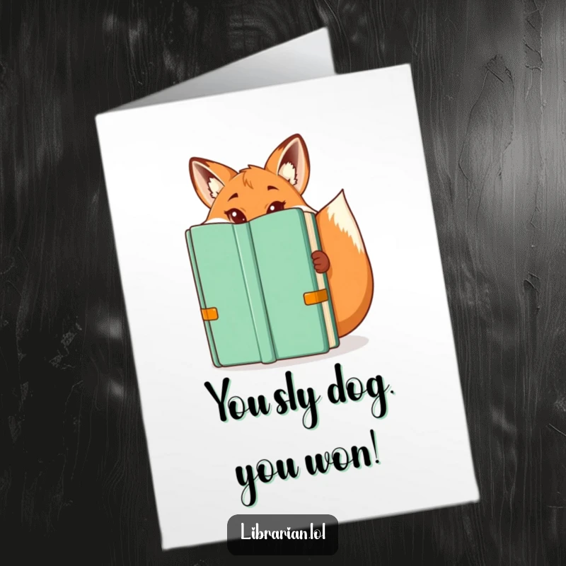 Free Printable Fox Librarian Congratulations Card: A sly fox librarian peeks from behind a book, celebrating your clever win.