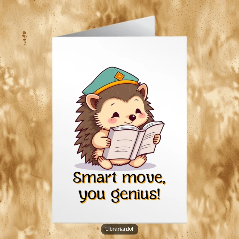 Funny Free Printable Hedgehog Congrats Card: A studious hedgehog in a knowledge cap celebrates success with a book, unique downloadable art.