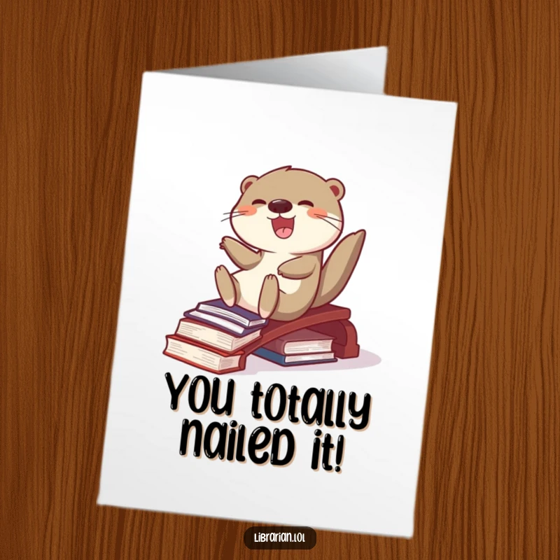 Funny Free Printable Otter Congrats Card: A happy otter celebrates success by sliding down a book ramp, unique gift.