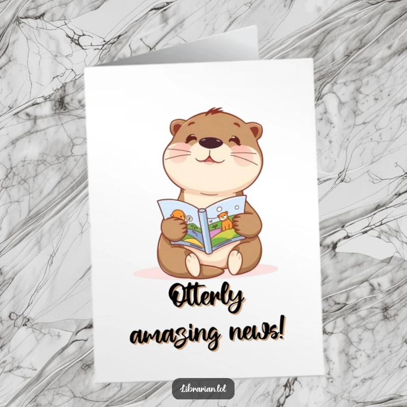 Funny Free Printable Otter Congratulations Card: A sweet otter enthusiastically shows a child a picture book, sharing congratulations.