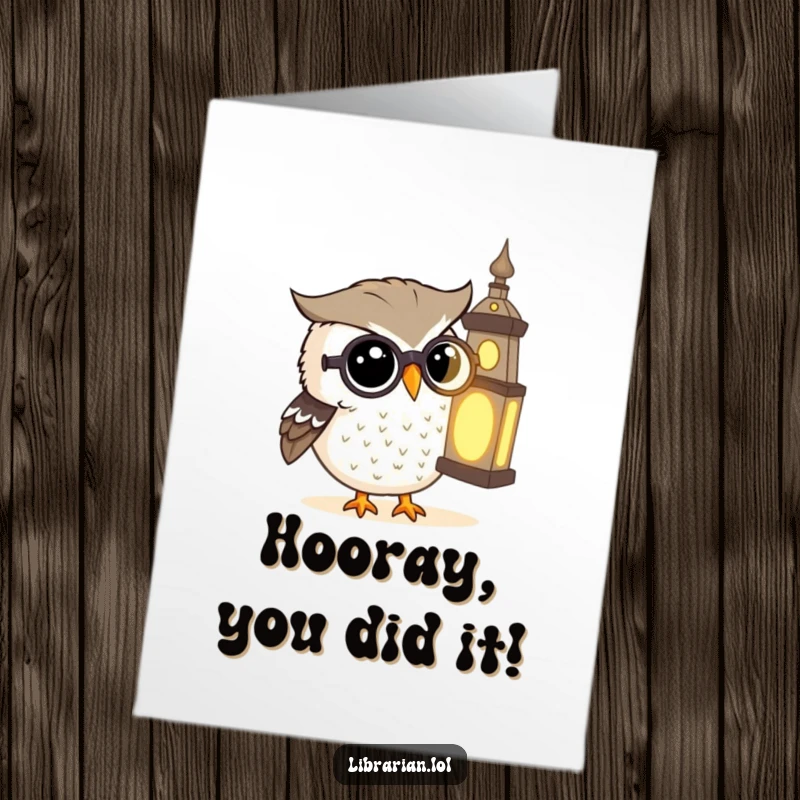 Funny Free Printable Congratulations Card: A spectacle-wearing owl peers intently at a mystical, glowing ancient book.