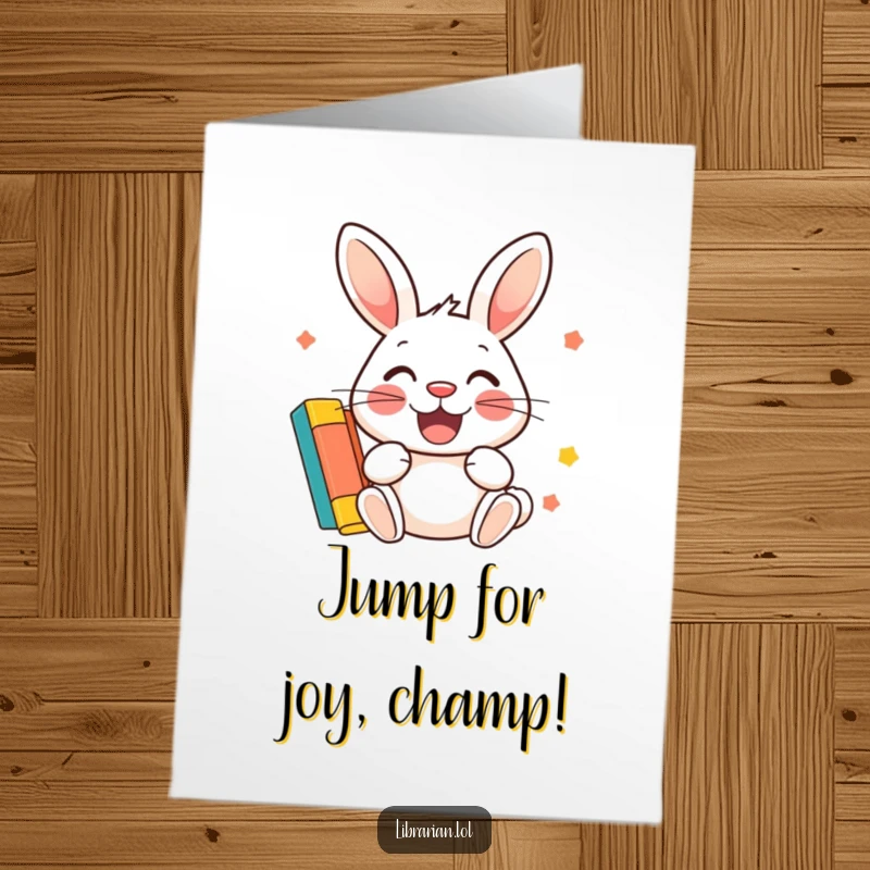 Funny Free Printable Congratulations Card: A cheerful rabbit smiles as it stamps a colorful library card with enthusiasm.