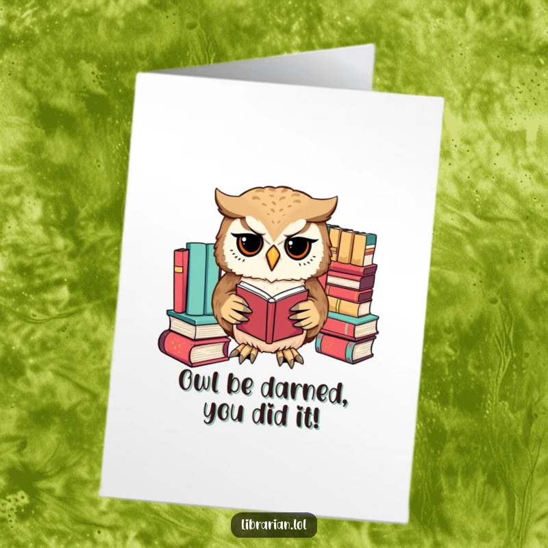 Funny Free Printable Congratulations Card: Determined owl meticulously sorting books by color with its paws