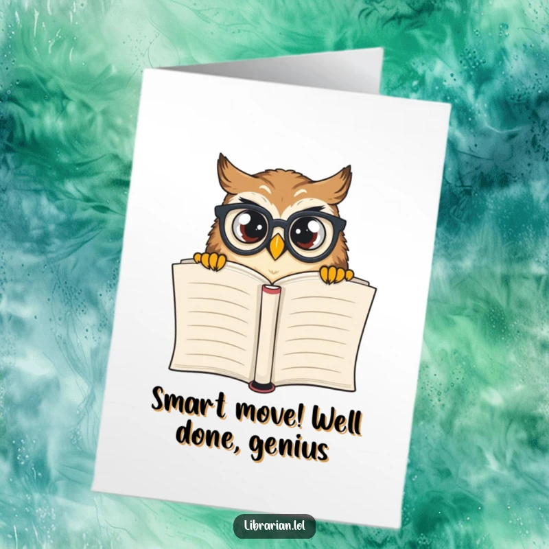 Funny Free Printable congratulations card featuring a curious owl wearing glasses peeking over a large book, celebrating success.
