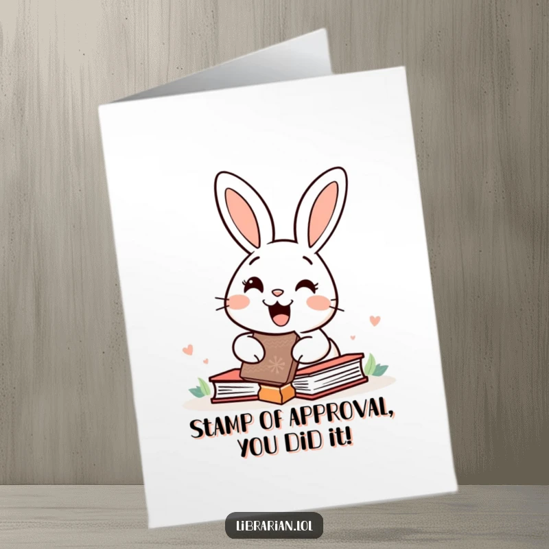 Funny Free Printable Congratulations Card showing a joyful rabbit enthusiastically stamping books.