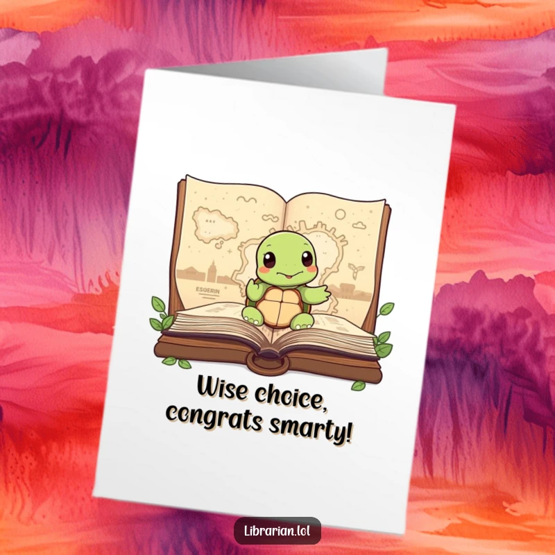Free Printable Congratulations Card: Wise turtle illustrating a path on a map within a storybook.