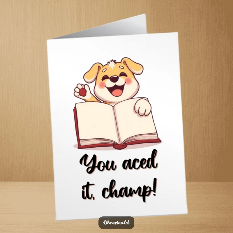 Funny Free Printable Congratulations Card: Happy dog stamping a large book with its paw, celebrating a major success, a funny downloadable gift.