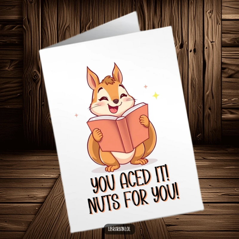 Funny Free Printable Congratulations Card: Amused squirrel enthusiastically presents a large, glistening book, embodying shared joy and success.