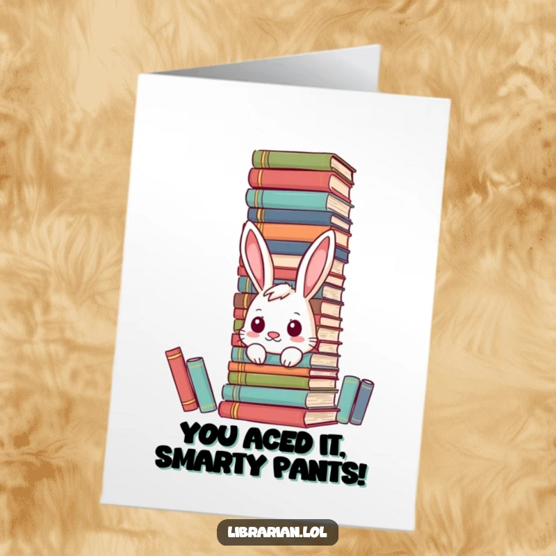 Funny Free Printable Congratulations Card: Curious bunny hiding behind a massive stack of encyclopedias, celebrating intelligence and success.