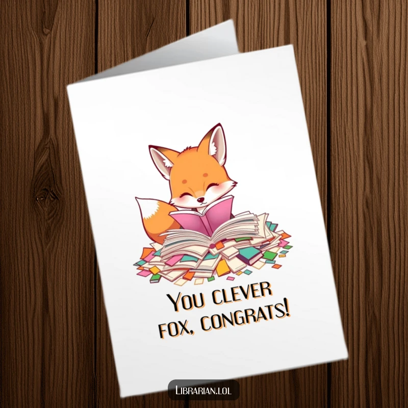 Funny Free Printable Congrats Card: A curious fox sorting colorful scattered pages, marking a special occasion.