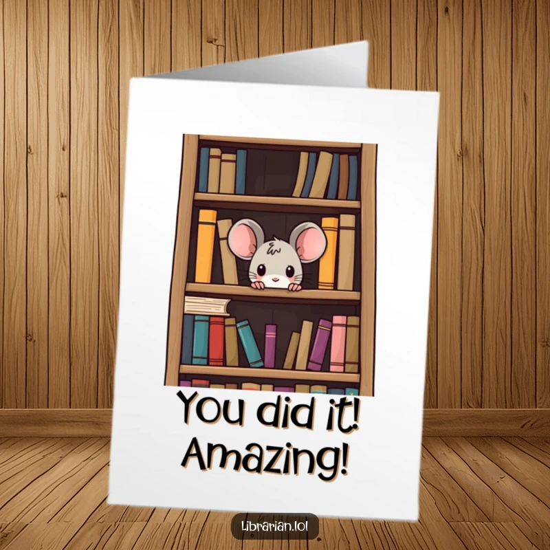 Funny Free Printable Congratulations Card: Curious mouse peeking from a bookshelf, excited to celebrate your big win, a wonderful downloadable gift.