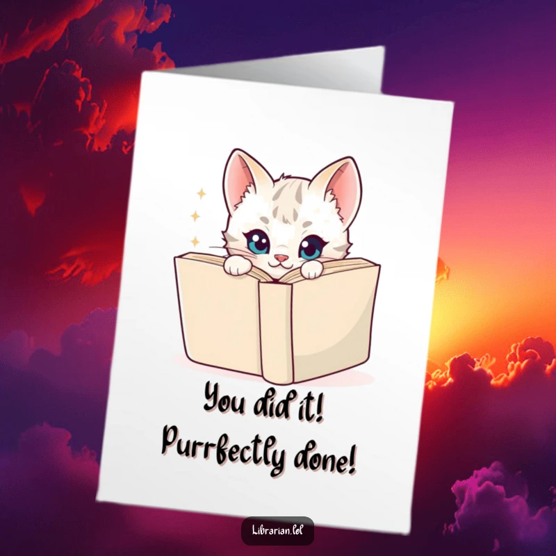 Funny Free Printable Congratulations Card: Mischievous kitten peeking around a book, sparkly eyes, perfect for congrats.