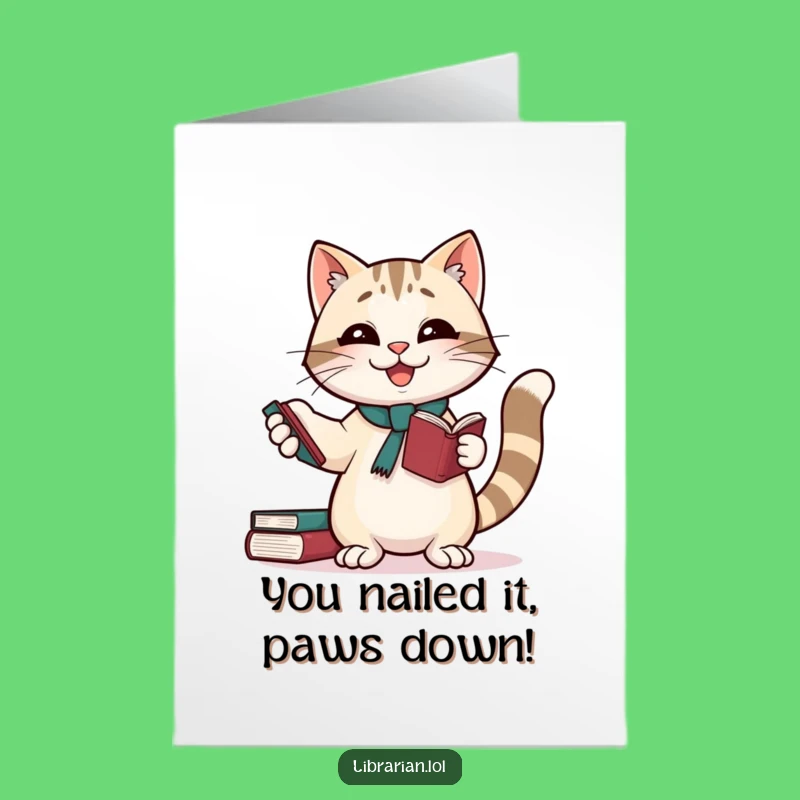 Free Printable Cat Librarian Congrats Card: Hilarious Juggling Feline Downloadable