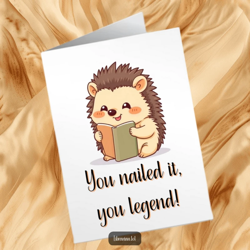 Funny Free Printable Congratulations Card: A happy hedgehog smiles as it places a bookmark, celebrating a success like a true reader.
