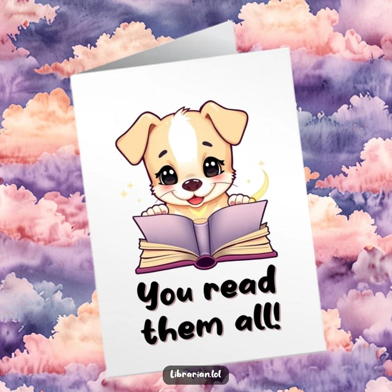 Funny Free Printable Congratulations Card: A happy puppy giggling while reading a mysterious, glowing magical book, celebrating new beginnings.