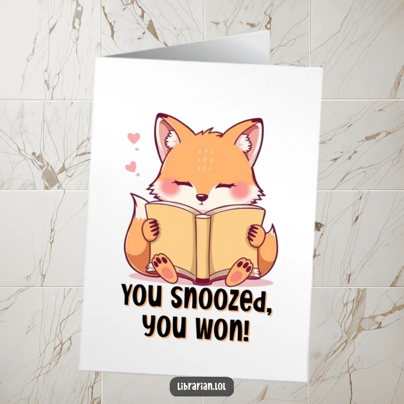Funny Free Printable Congratulations Card: A sleepy fox naps with an open book, signifying a successful endeavor.