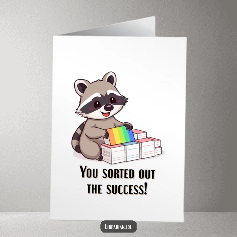 Funny Free Printable Congratulations Card: A delighted raccoon sorts a rainbow of index cards, symbolizing organized success.