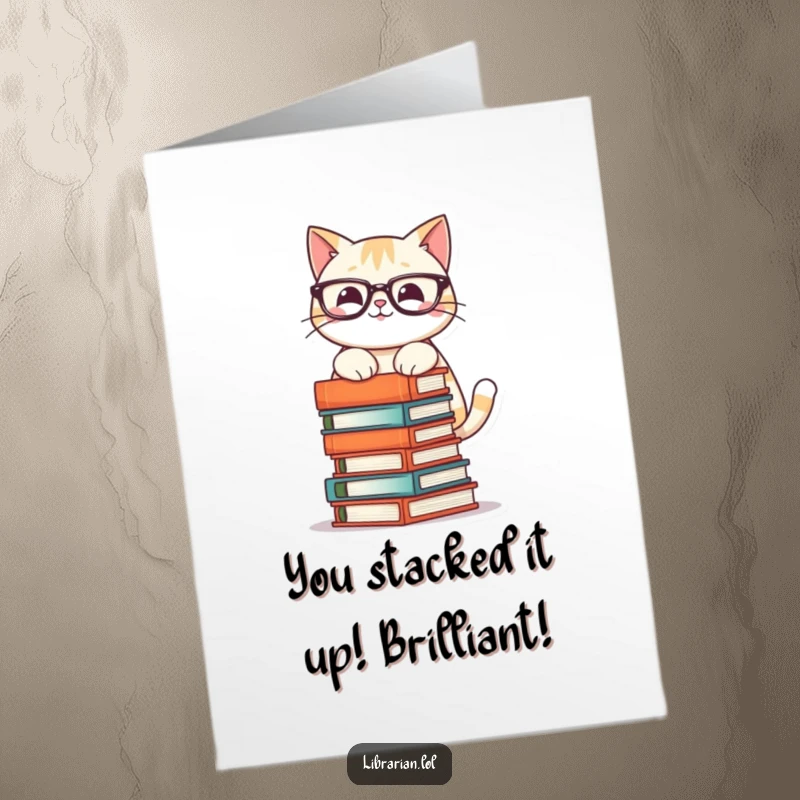 Funny Free Printable Congratulations Card: A smart cat wearing glasses precariously balances a tower of books, celebrating your achievement.