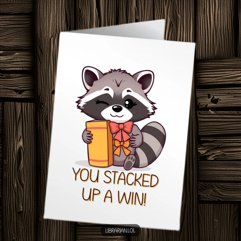 Funny Free Printable Congratulations Card: Winking raccoon shelving books with a flourish. Humorous downloadable art.