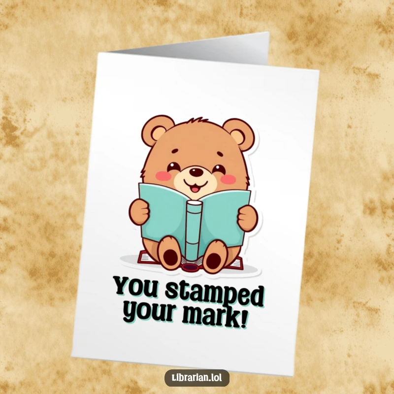 Funny Free Printable Congratulations Card: A cheerful bear happily stamps a book, giving a big thumbs up to success.