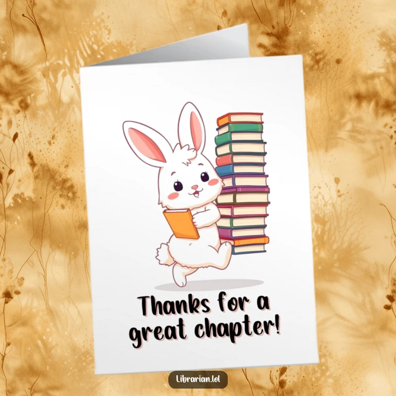 Funny Free Printable Bunny Librarian Thank You Card: A serene bunny librarian tiptoes with large books, expressing thanks.
