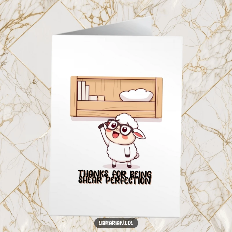 Funny Free Printable Thank You Card: Happy sheep with glasses excitedly reaching for something on a high shelf.