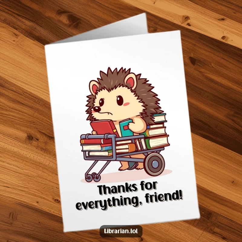 Funny free printable thank you card of a determined hedgehog librarian pushing a book cart, looking focused.