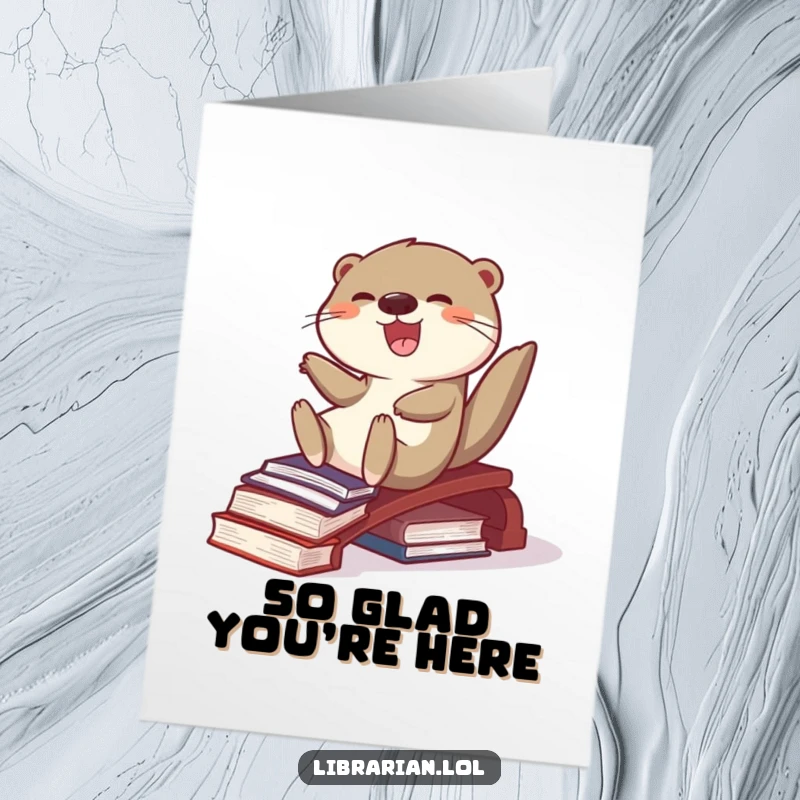 Funny Free Printable Otter Thank You Card: A joyful otter glides down a book ramp to express thanks, print at home.