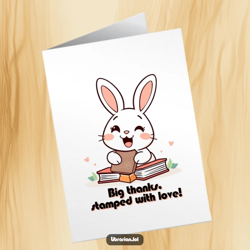 Funny Free Printable Thank You Card with a smiling rabbit stamping books with a large rubber stamp.