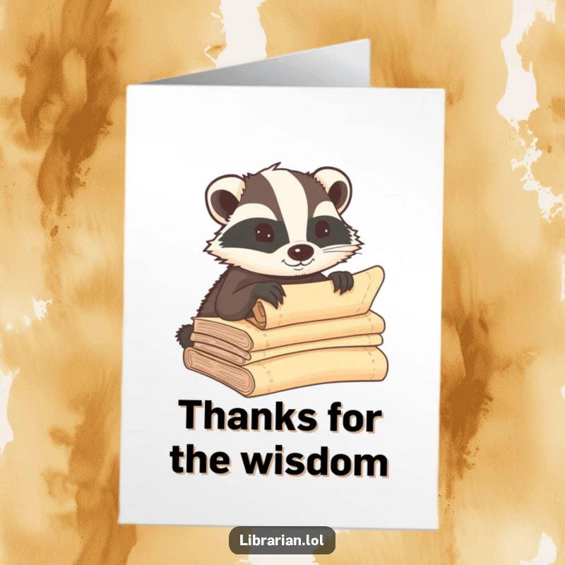 Funny Free Printable Thank You Card: A badger conspiratorially whispering into ancient scrolls, conveying heartfelt thanks.