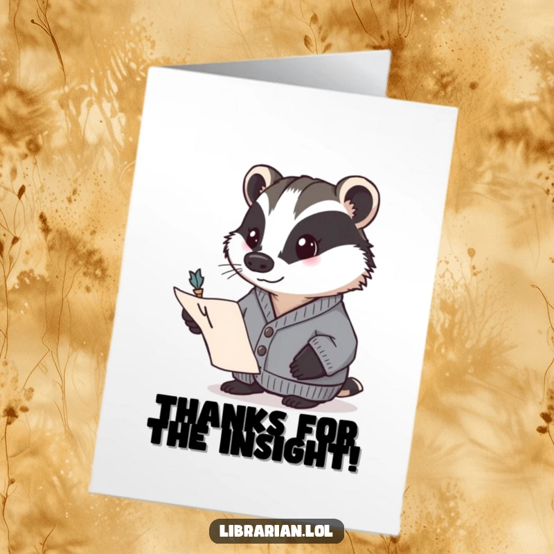 Funny Free Printable Thank You Card depicting a determined badger in a cardigan pointing to a page with a quill, for thanks.