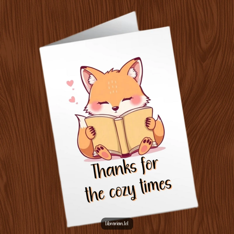Funny Free Printable Thank You Card: A drowsy fox rests with an open book, conveying calm gratitude.