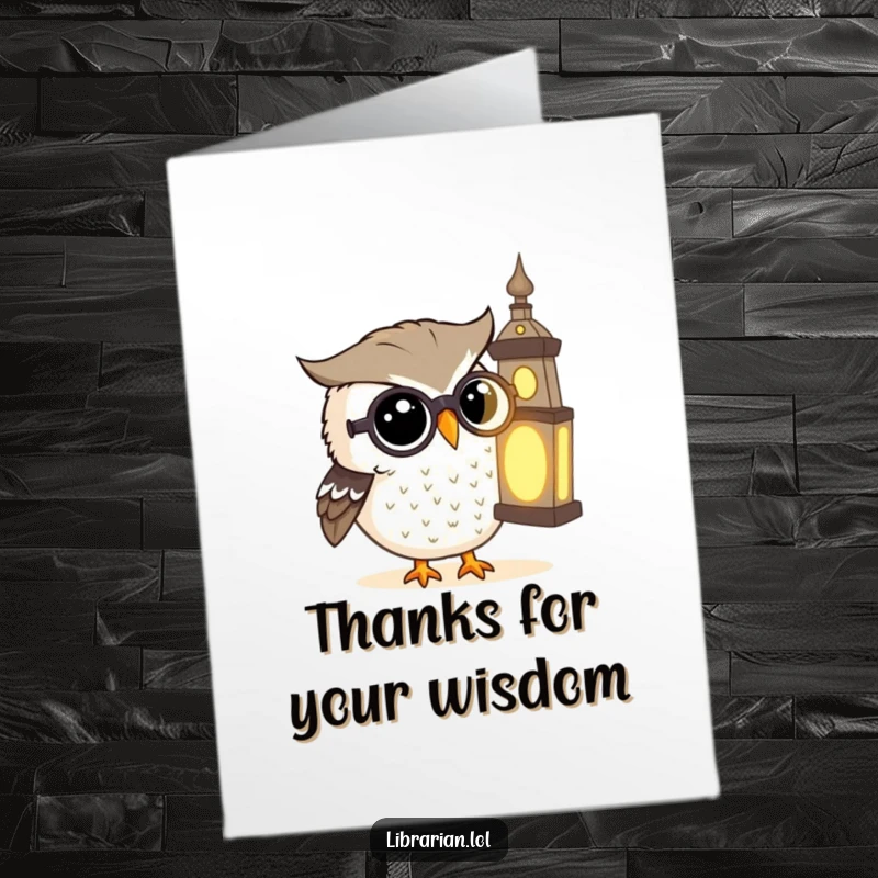 Funny Free Printable Thank You Card: A wise owl with glasses studies a glowing ancient book, imparting thanks.